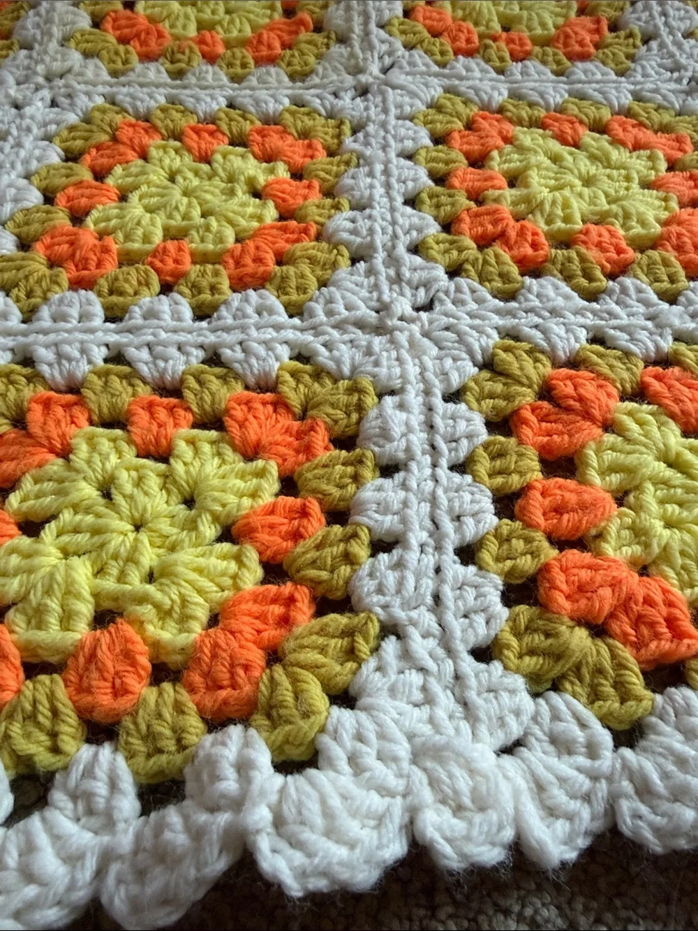 Hand Crafted Yellow Orange Cream Crochet Granny Square Throw Blanket